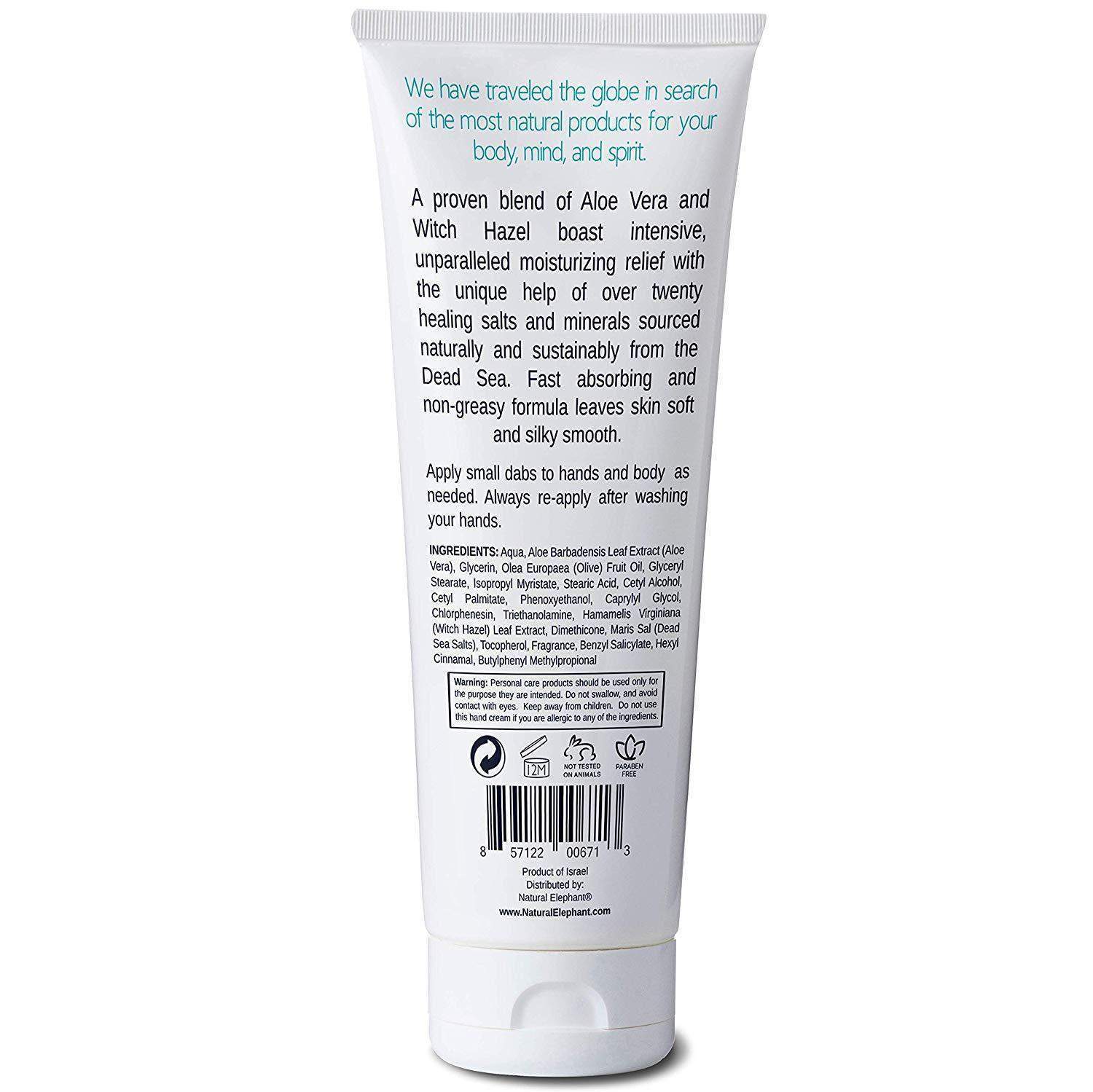 Natural Elephant Dead Sea Hand Cream with Aloe Vera and Witch Hazel for hydration, a natural soothing hand cream