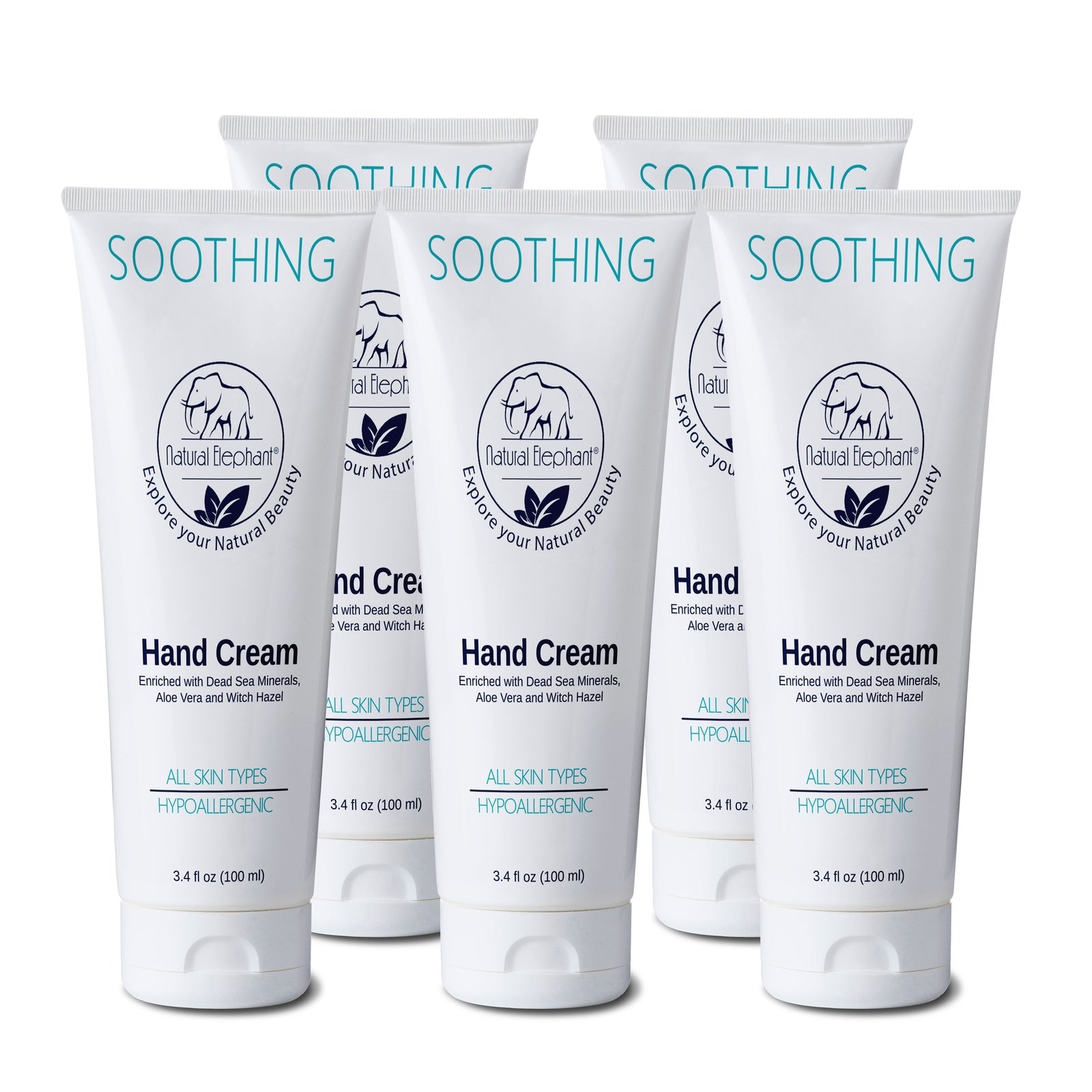 Natural Elephant Dead Sea Hand Cream in six tubes featuring natural soothing hand cream for all skin types