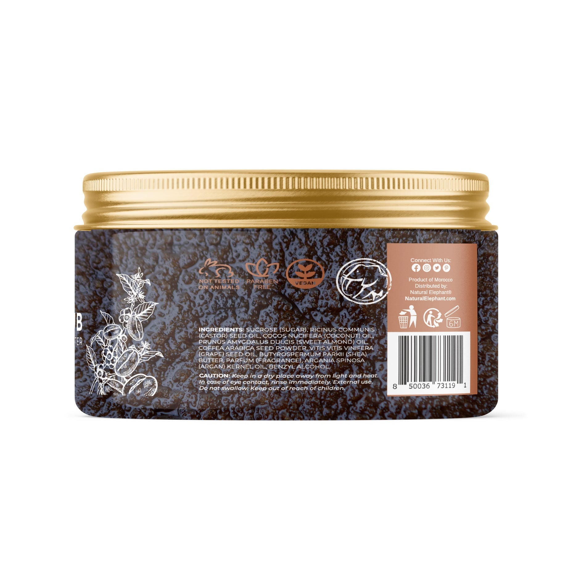 Natural Elephant Natural Sugar Scrub for smooth skin in a sleek jar with detailed ingredient information