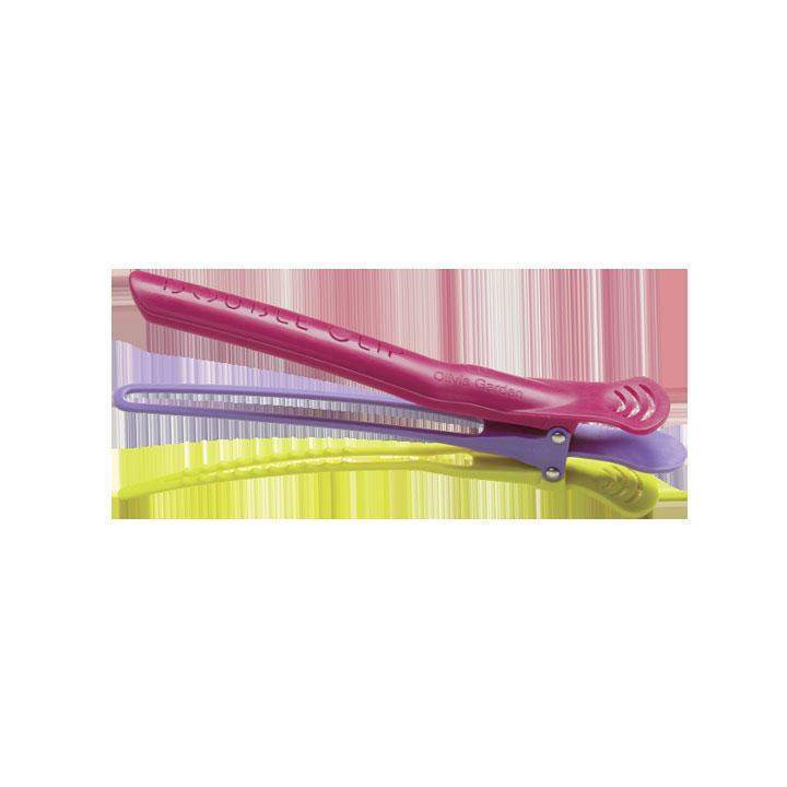 Olivia Garden Double Clip in pink, purple, and yellow for secure hair styling and sectioning