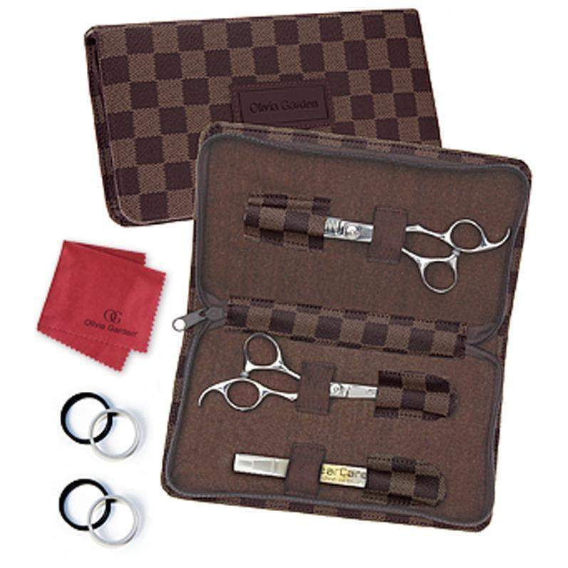 Olivia Garden hair shears set with checkered carrying case and hair cutting accessories