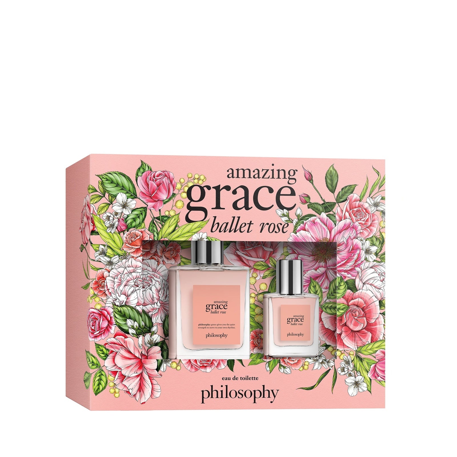 Philosophy Amazing Grace Ballet Rose set with two pink floral fragrance bottles in decorative box