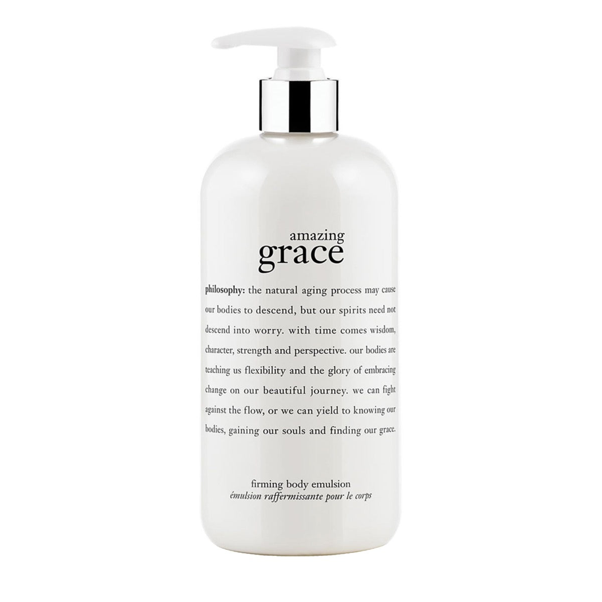 Philosophy Amazing Grace body lotion in a white pump bottle with inspirational text on the label