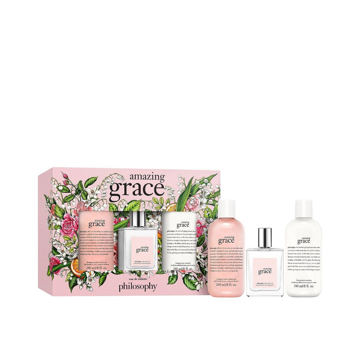 Philosophy Amazing Grace gift set with floral packaging includes body lotion shower gel and fragrance