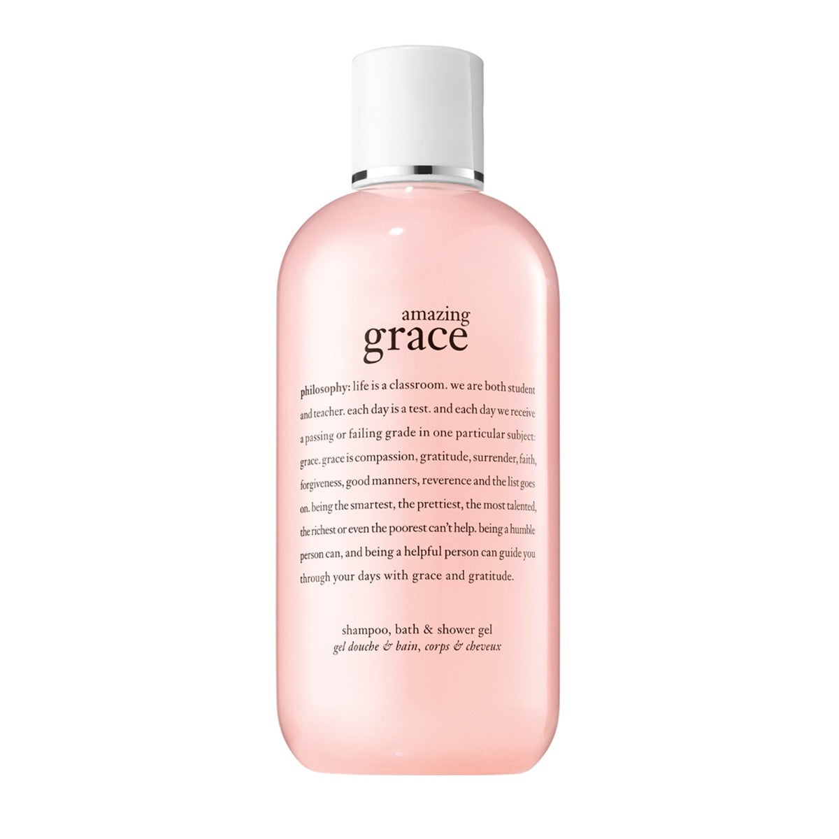 Philosophy amazing grace shower gel in a pink bottle with white cap and inspirational text on front