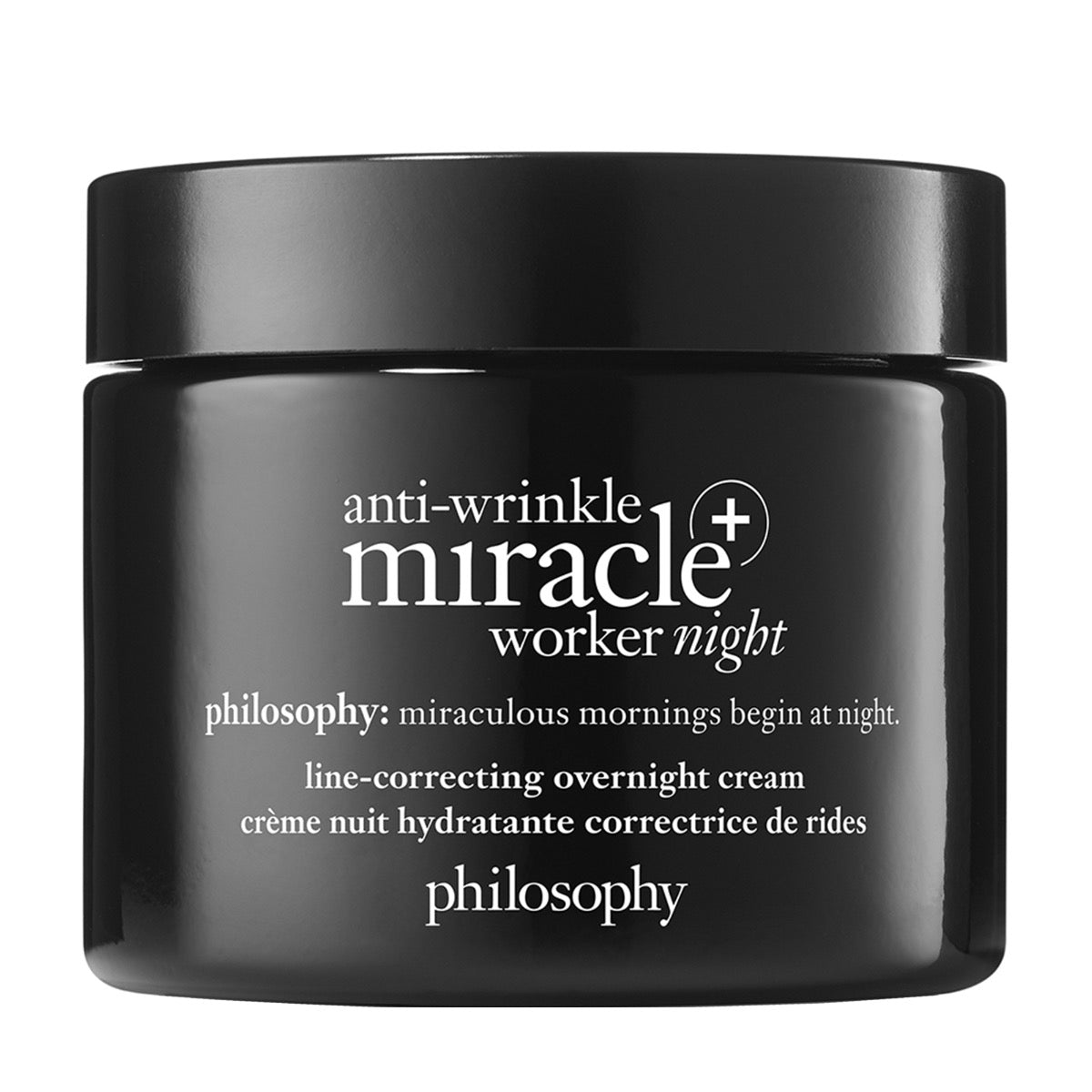 Philosophy anti-wrinkle night cream in black jar for overnight line correction and skin hydration