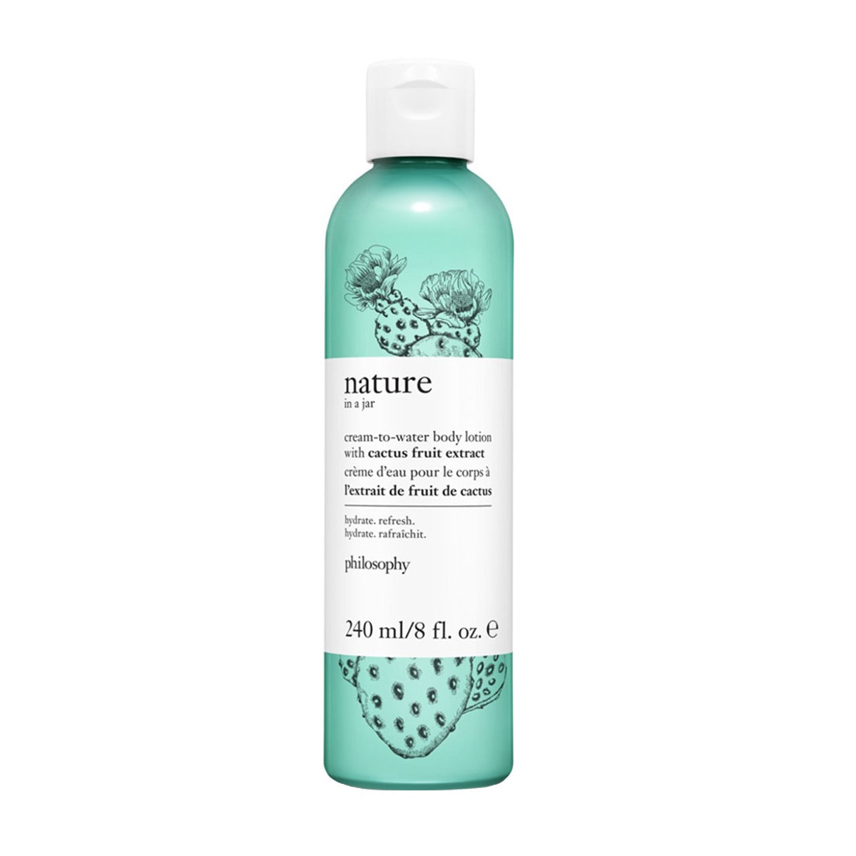 Philosophy Nature cream to water body lotion with cactus fruit extract in a 240 ml turquoise bottle