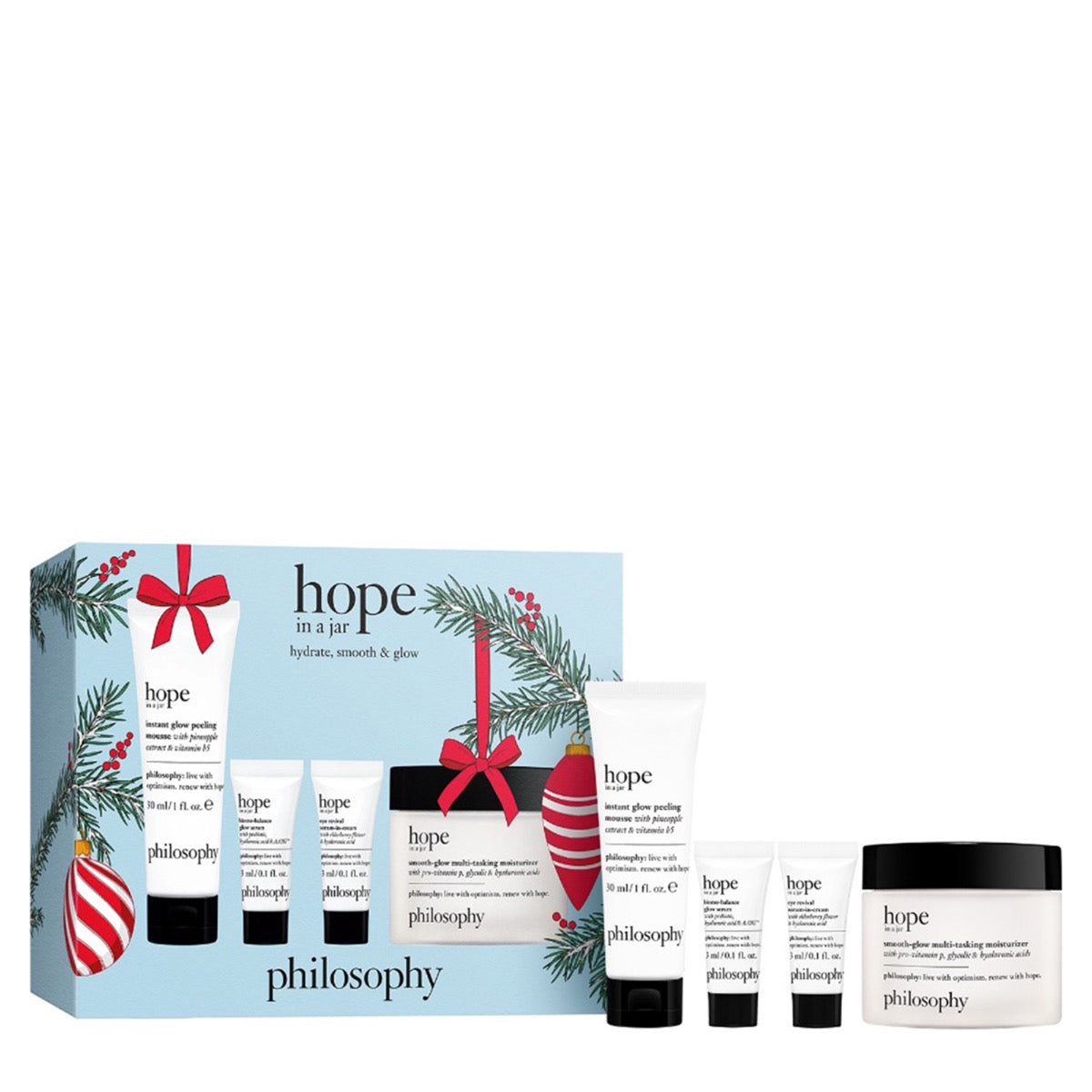 Philosophy hope in a jar gift set with moisturizing lotion, peeling scrub, and cream in festive holiday packaging