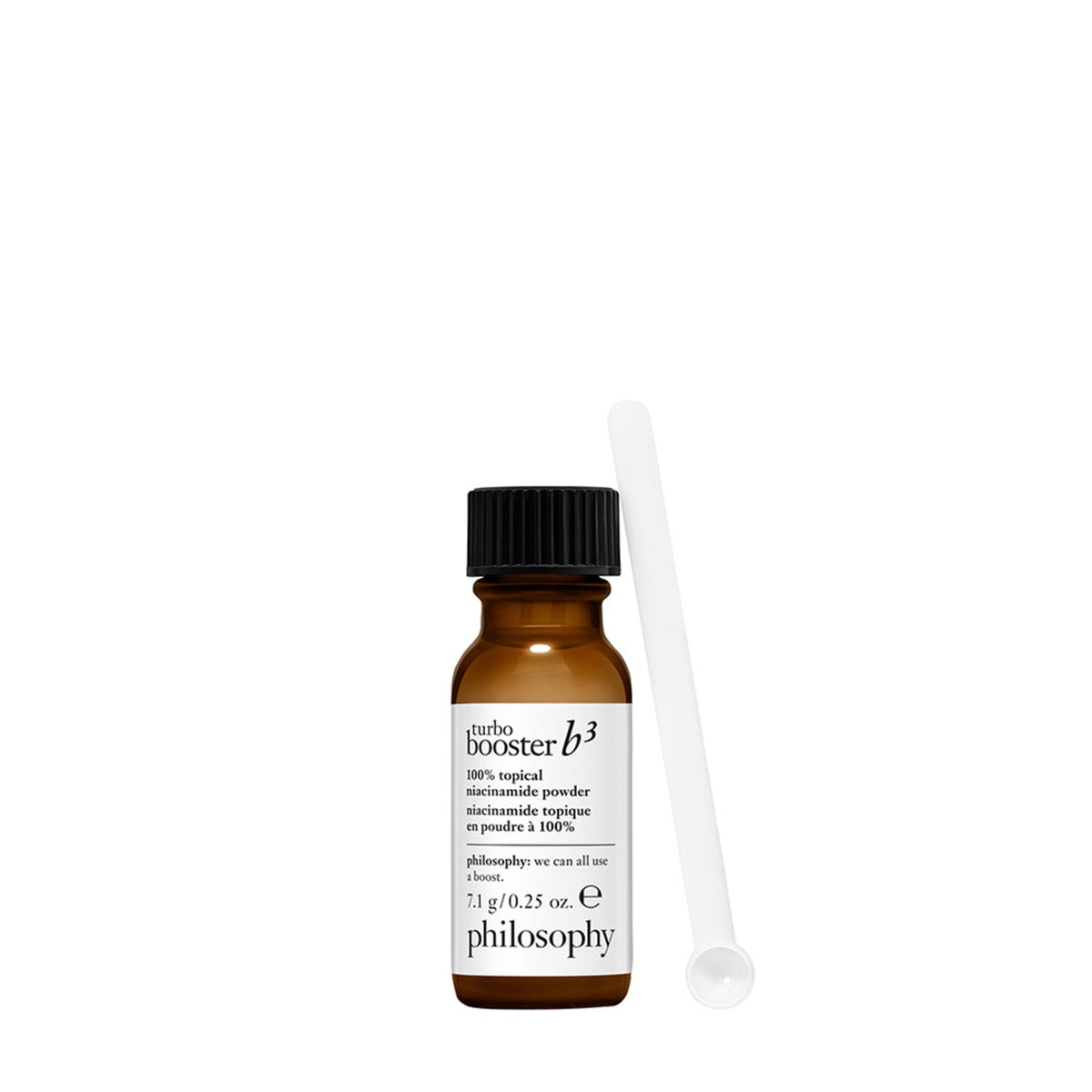 Philosophy niacinamide powder for skin in a small brown bottle with a black cap and a white scoop