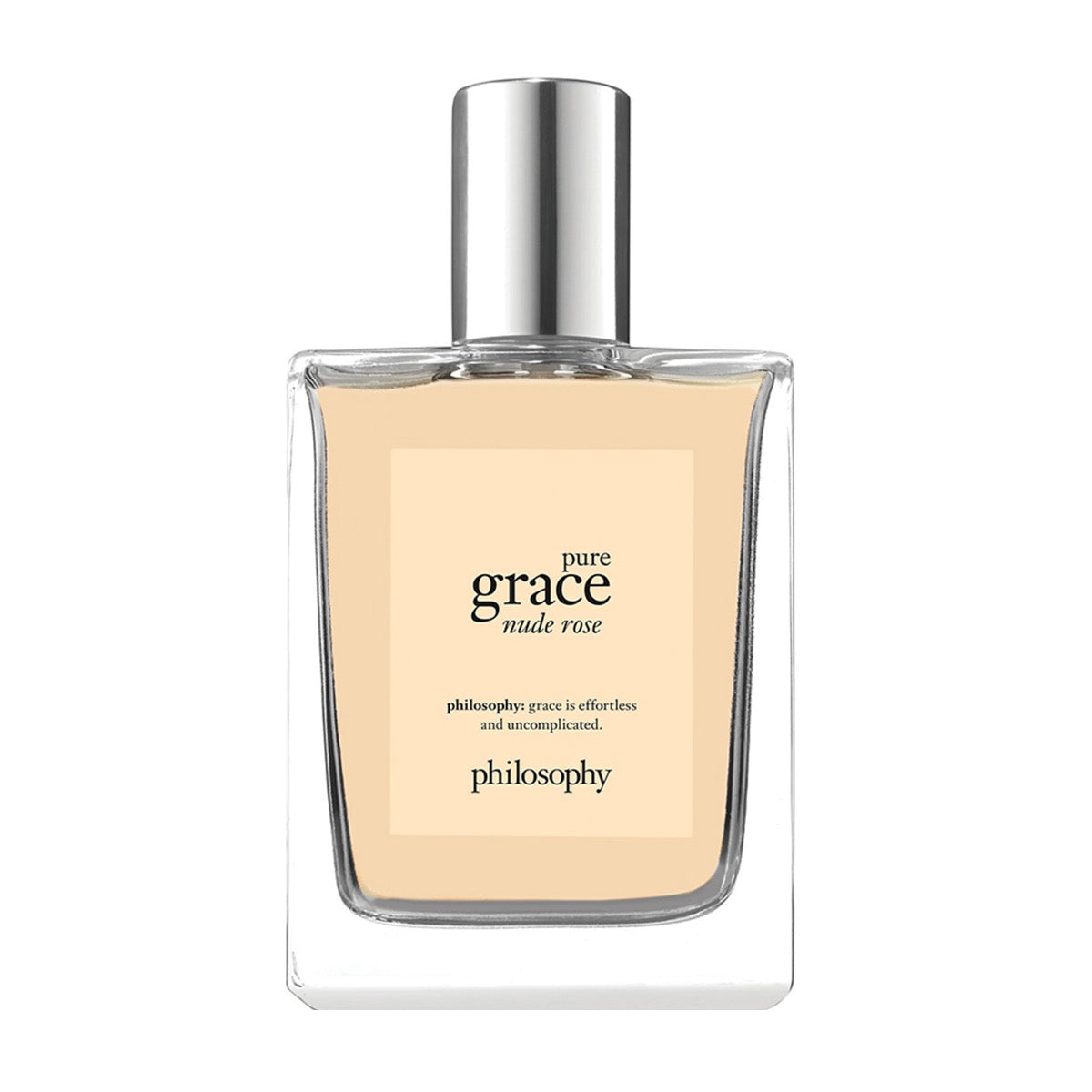 Philosophy Pure Grace Nude Rose perfume bottle with clear glass and silver cap fragrance