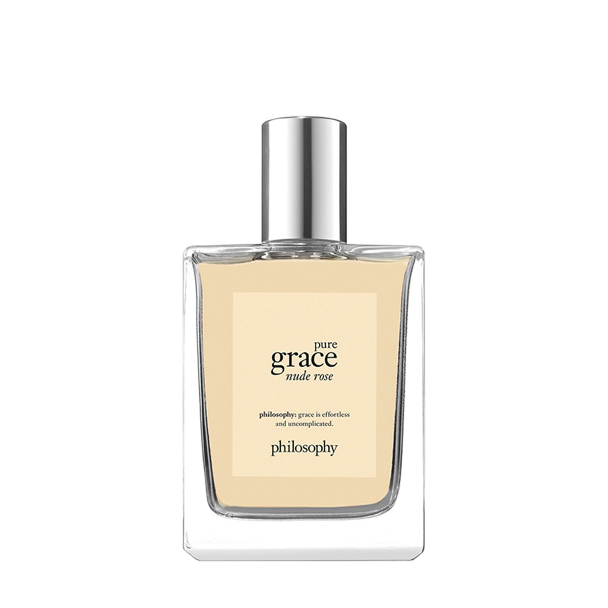 Philosophy Pure Grace Nude Rose perfume bottle with clear glass and silver cap