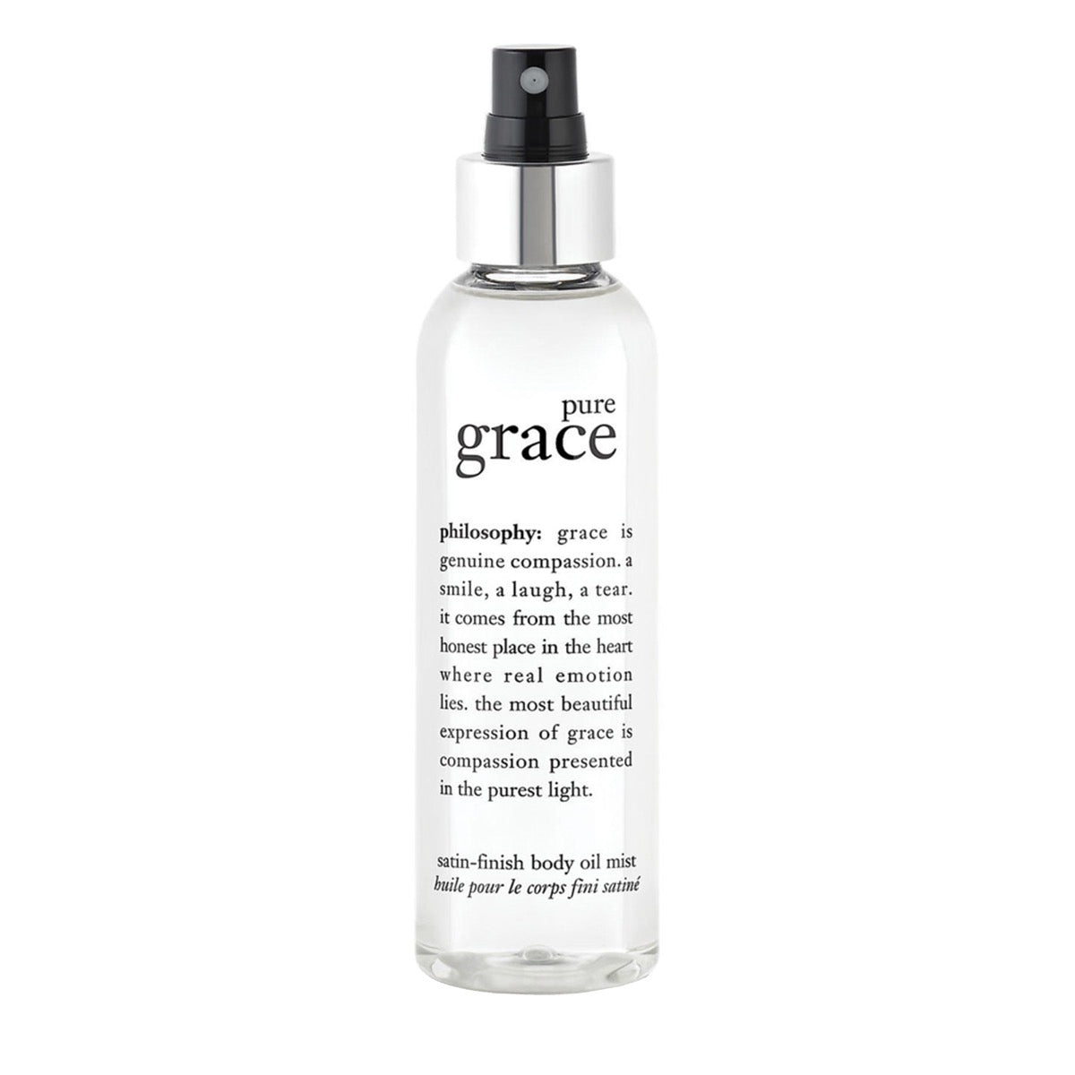 Philosophy pure grace body oil mist in clear bottle with black spray cap and white label text