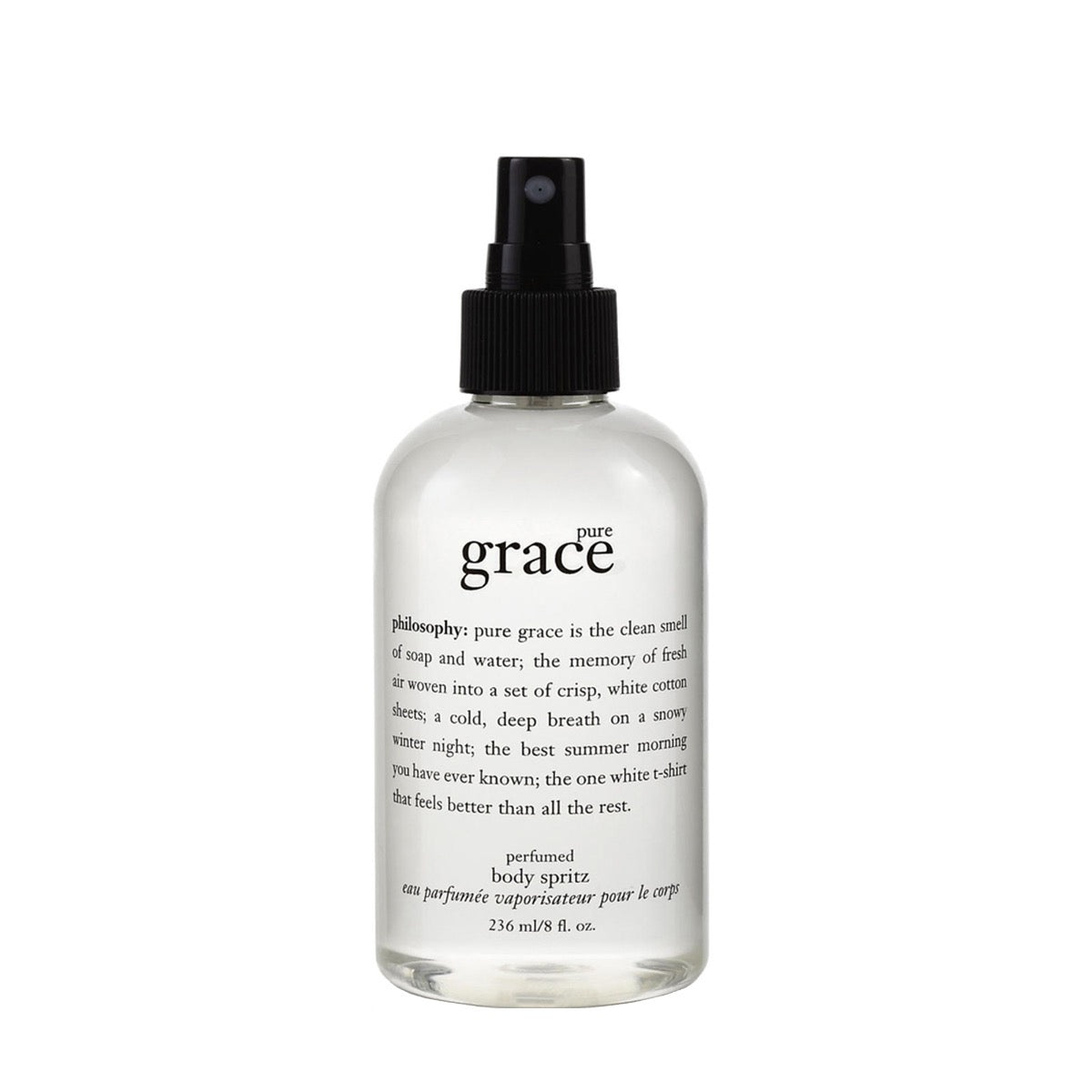 Philosophy Pure Grace body spray in clear bottle with black spray top and descriptive text