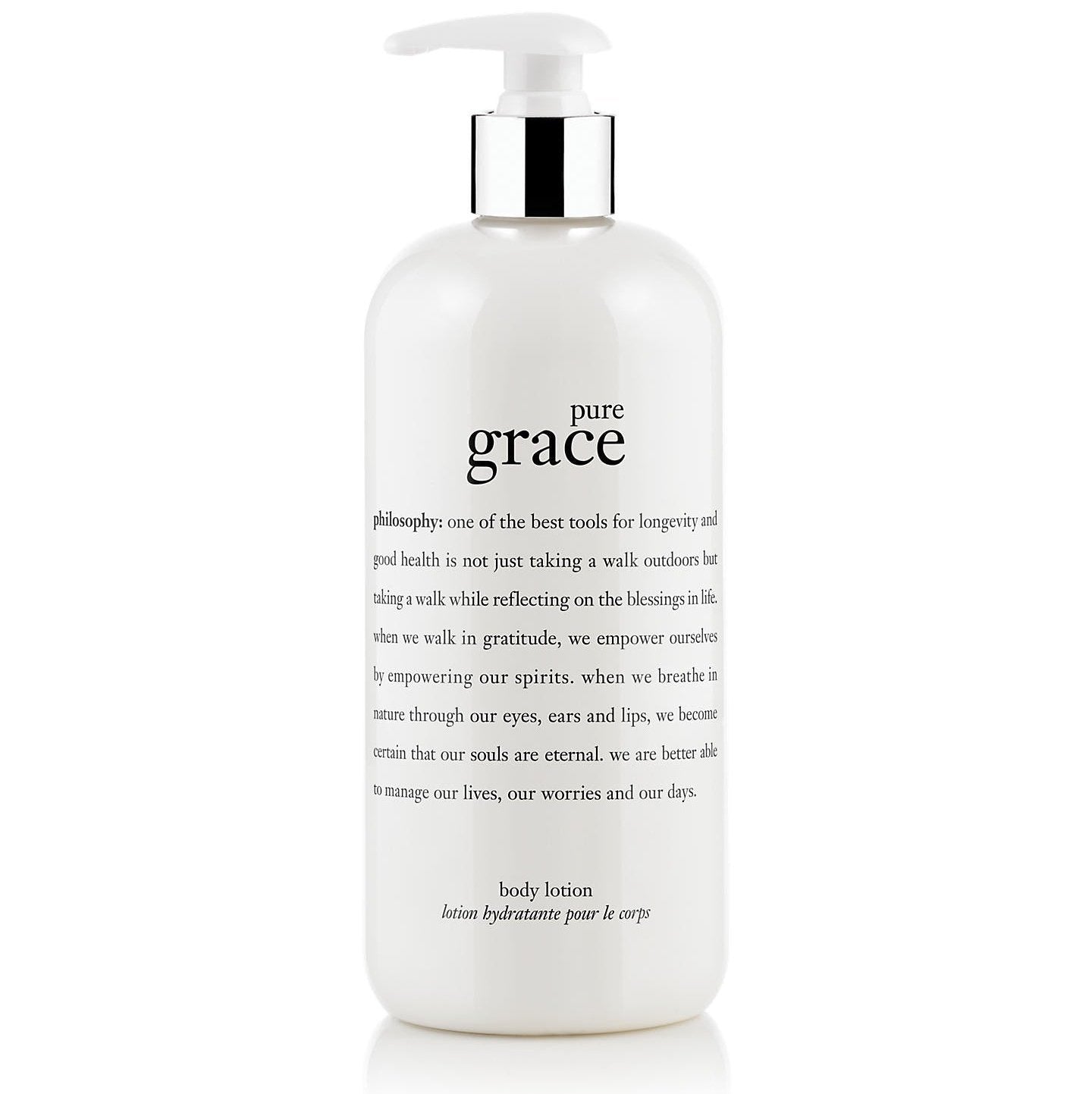 Philosophy Pure Grace lotion white bottle with pump and black text body moisturizing lotion