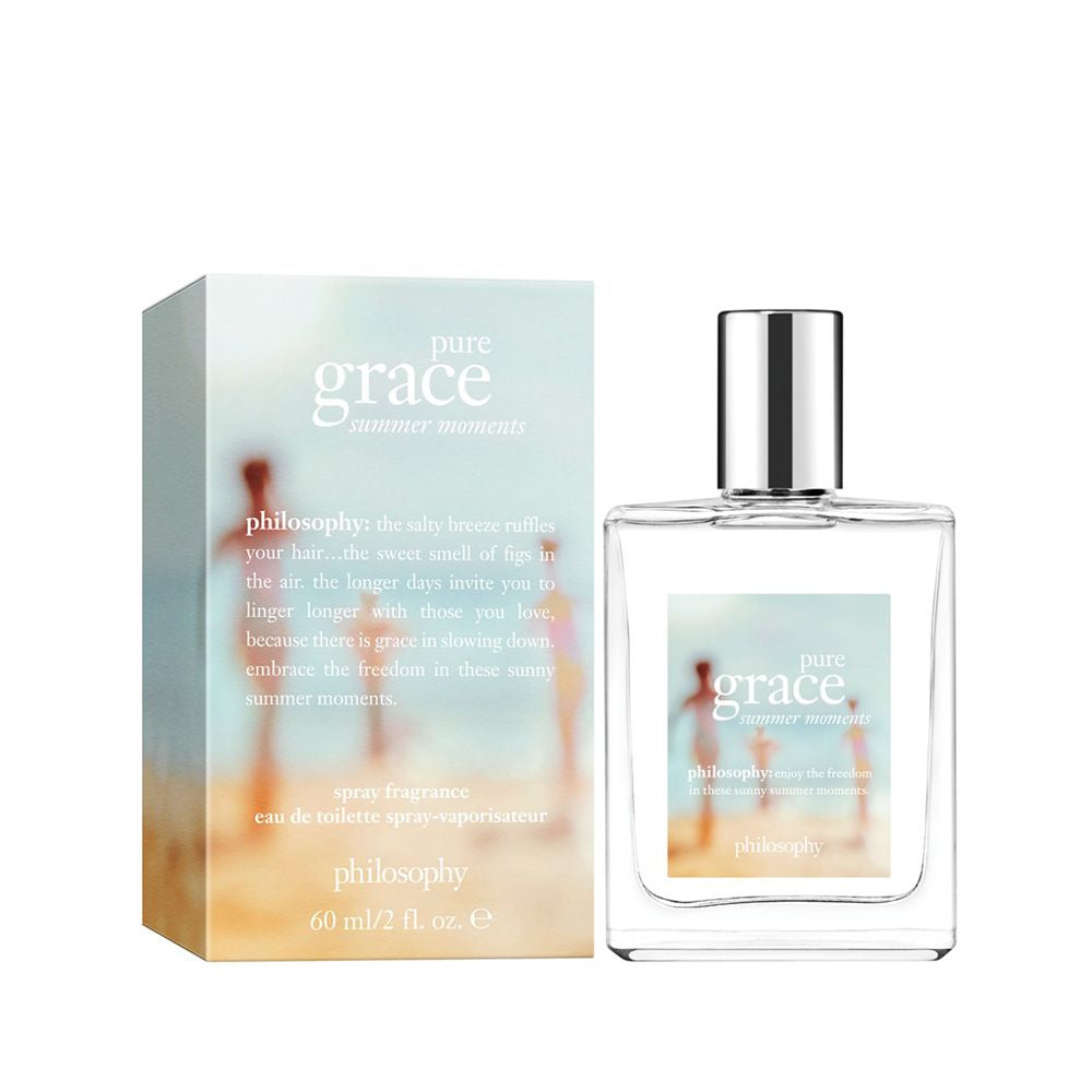 Philosophy Pure Grace Summer Moments perfume bottle with matching box featuring soft beach scene design