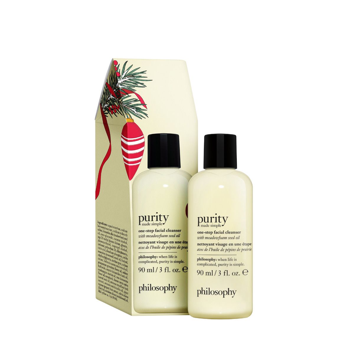 Philosophy Purity facial cleanser two 3 fl oz bottles with holiday-themed packaging
