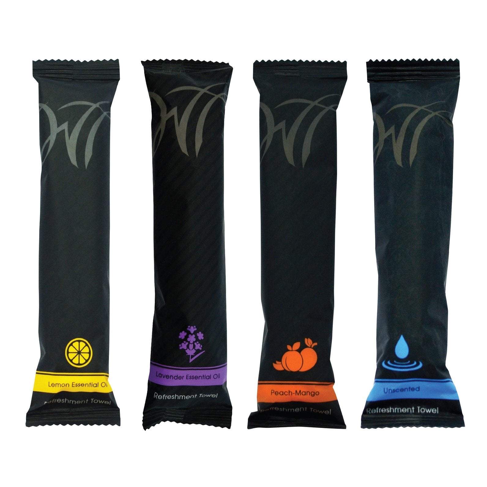 Cotton refreshment towels in assorted scents including lemon, lavender, peach-mango, and unscented