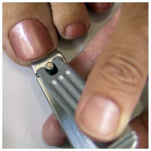 Close-up of Seki Edge toenail clipper being used for precise nail trimming