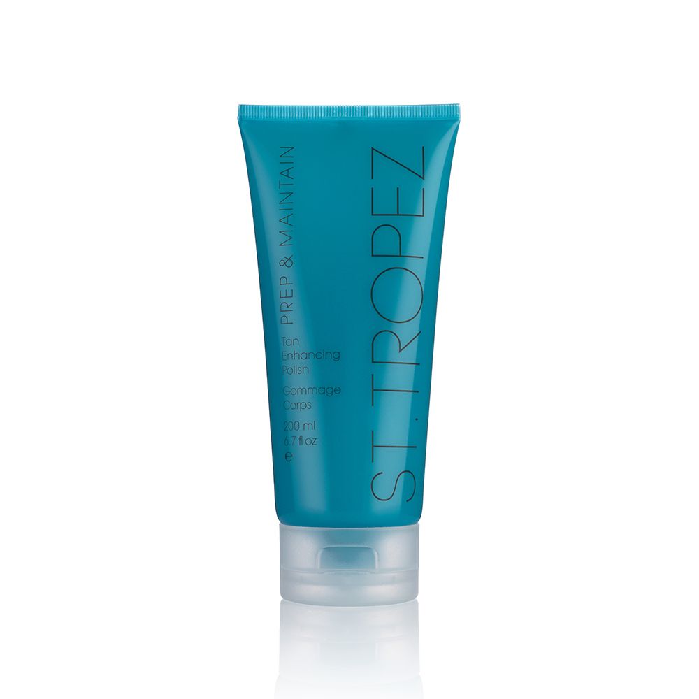 St Tropez body polish in teal tube with white cap for exfoliating and skin preparation