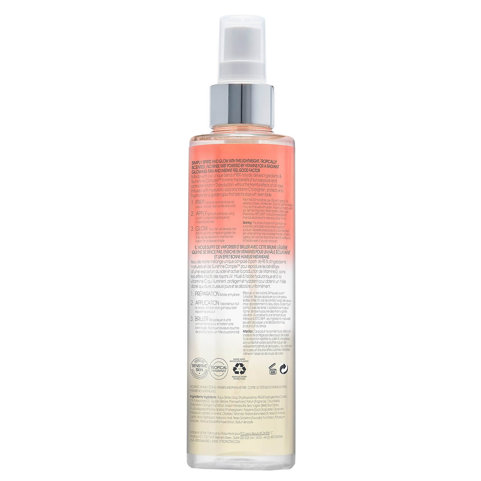 St. Tropez bronzing water mist for glowing skin in clear spray bottle with pink and white label
