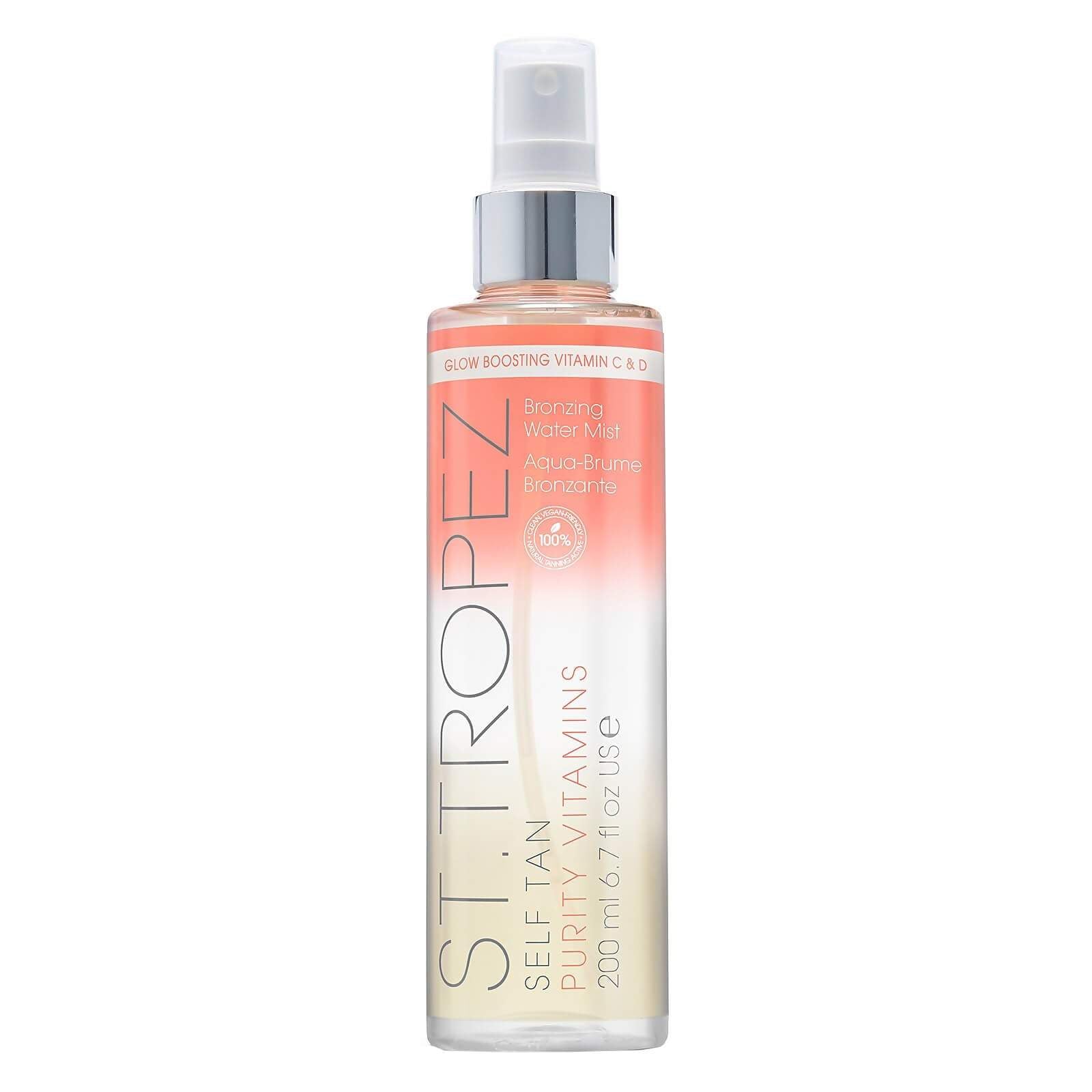 St Tropez bronzing water mist for glowing skin in a 200 ml clear spray bottle with orange gradient