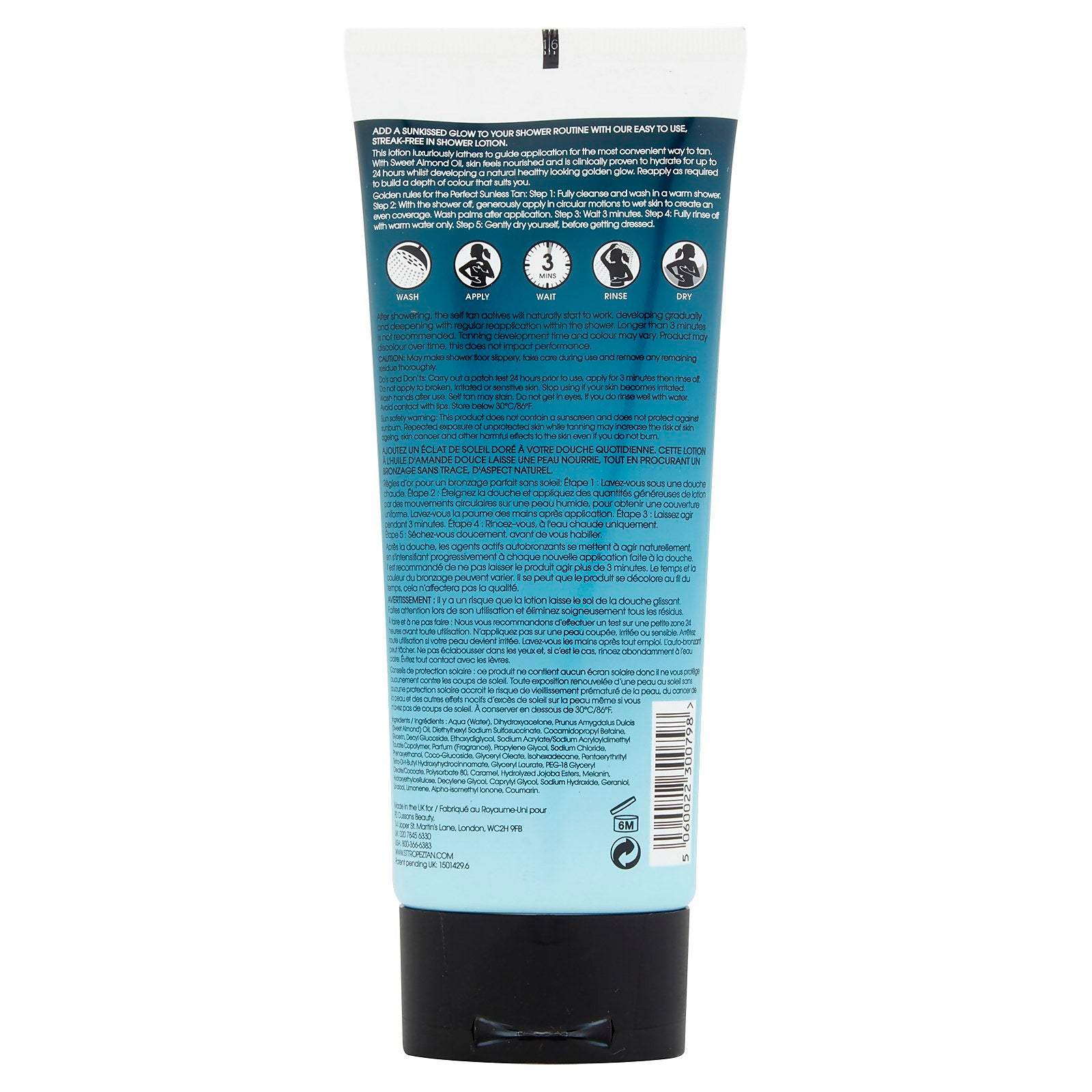 Back view of St Tropez medium tan shower lotion tube showing usage instructions and ingredients