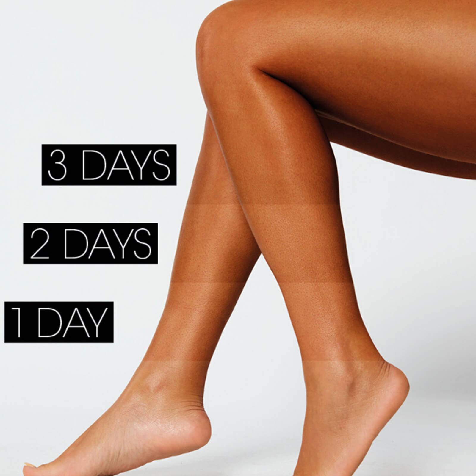 Smooth tan legs showing gradual bronzing effect using medium tan shower lotion by St Tropez over 3 days