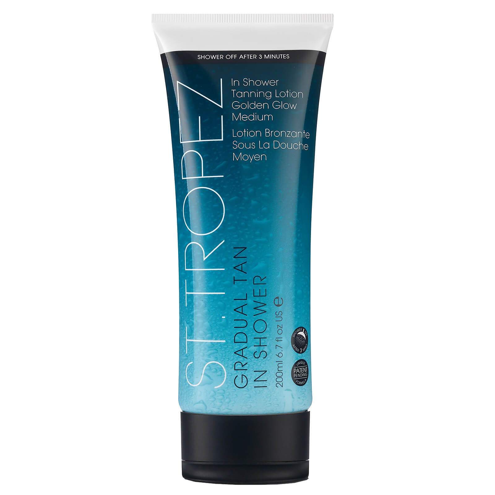 St Tropez gradual tan in shower lotion medium tan shower lotion in 200ml blue tube with black cap