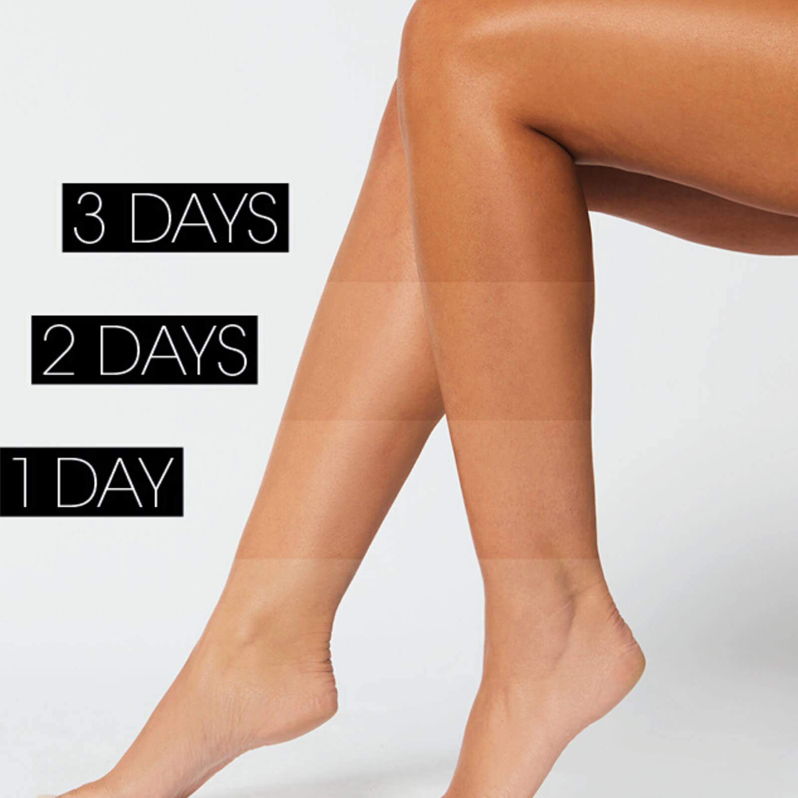 Legs showing gradual tan development over 3 days using medium tan shower lotion by St Tropez