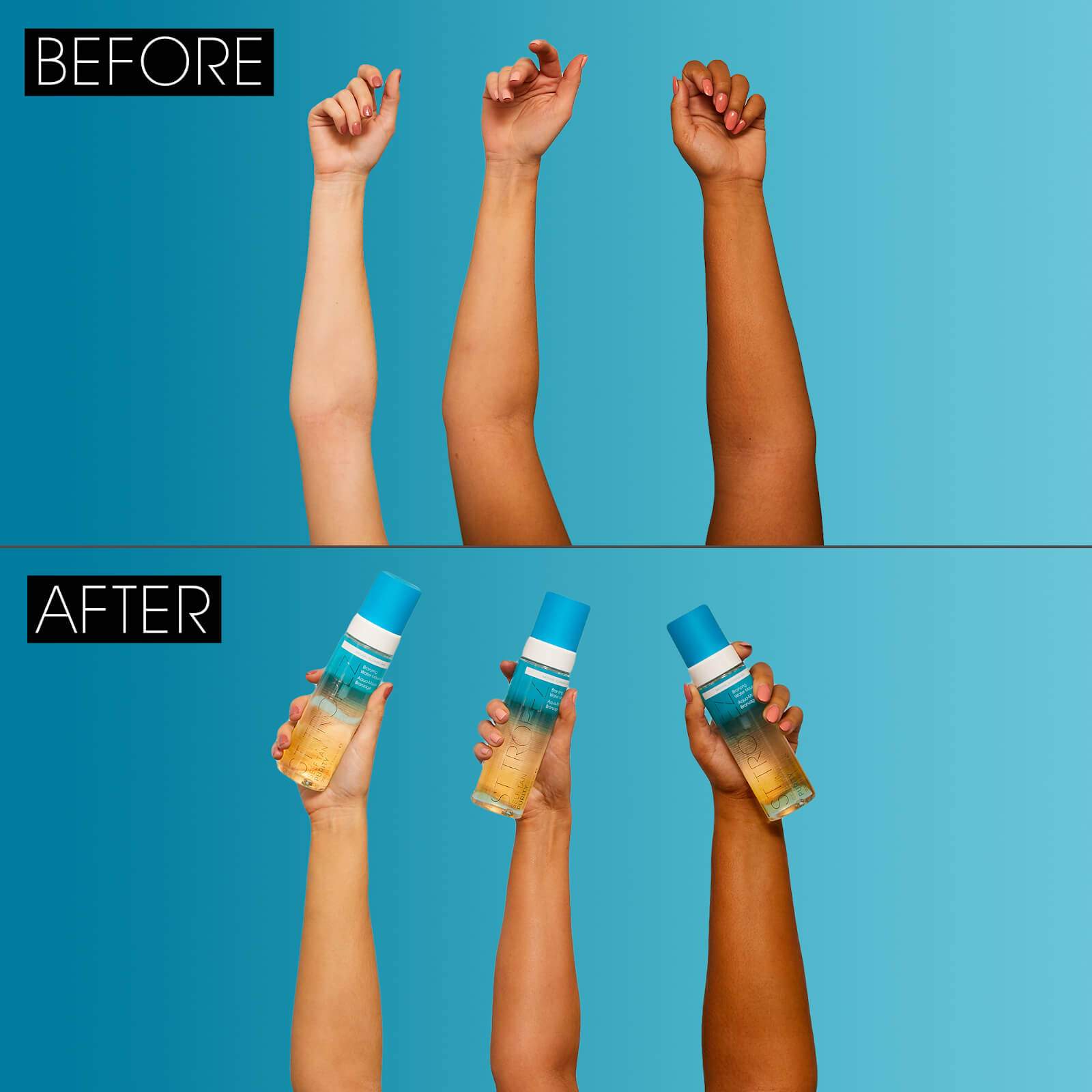 Before and after image showing three arms with different skin tones using St Tropez Purity Bronzing Water Gel for a natural tan