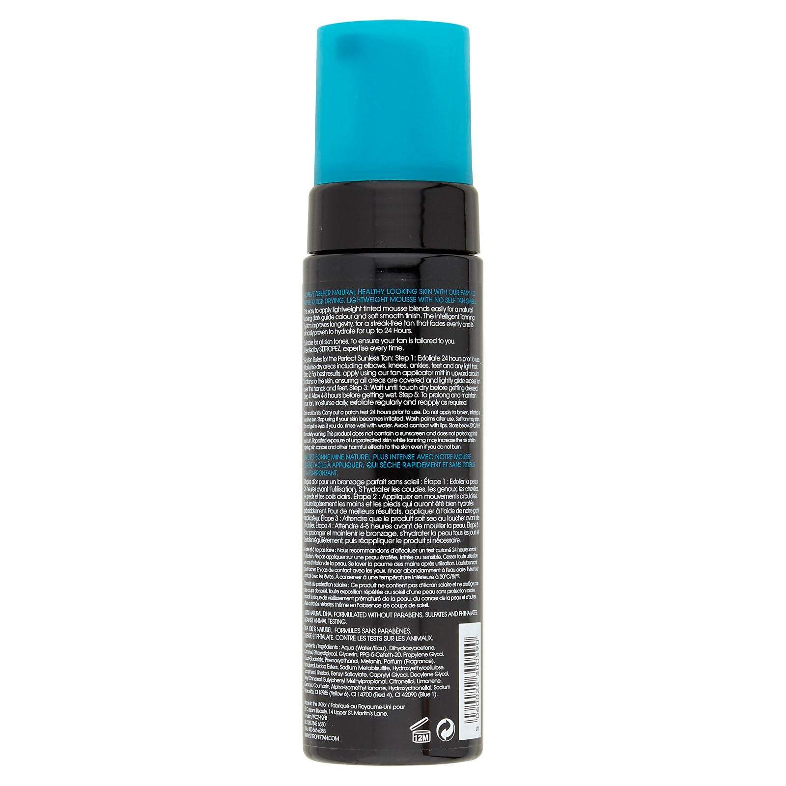 Back view of St Tropez self tan mousse bottle with product information and instructions