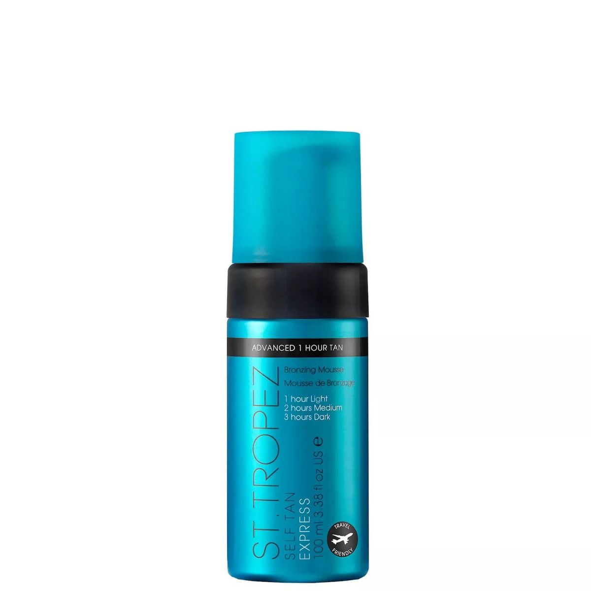 St. Tropez self tan mousse in blue bottle with black pump for quick tanning