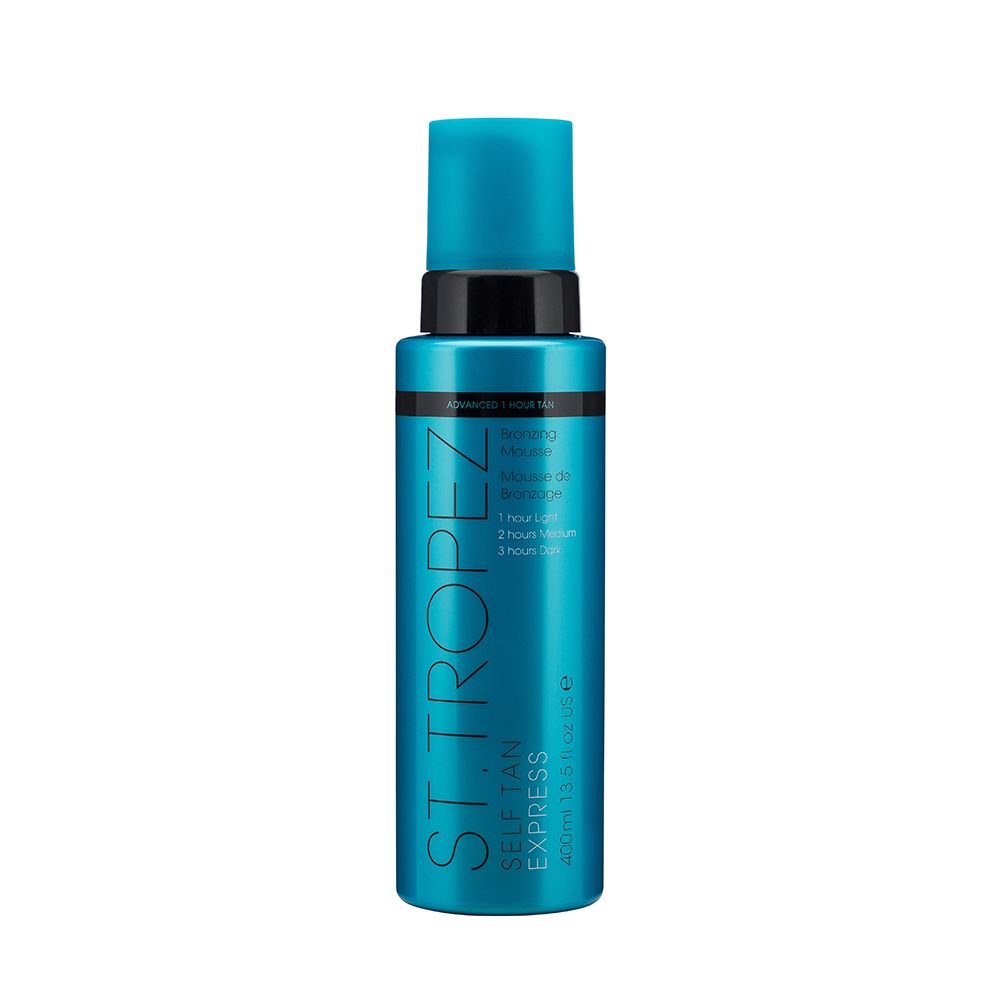 St Tropez self tan mousse in blue bottle with black pump for easy application