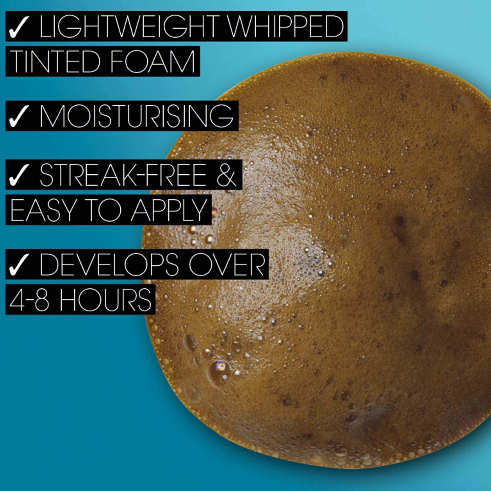 Close-up of St Tropez self tanning mousse showing lightweight tinted foam texture with moisturizing and streak-free features