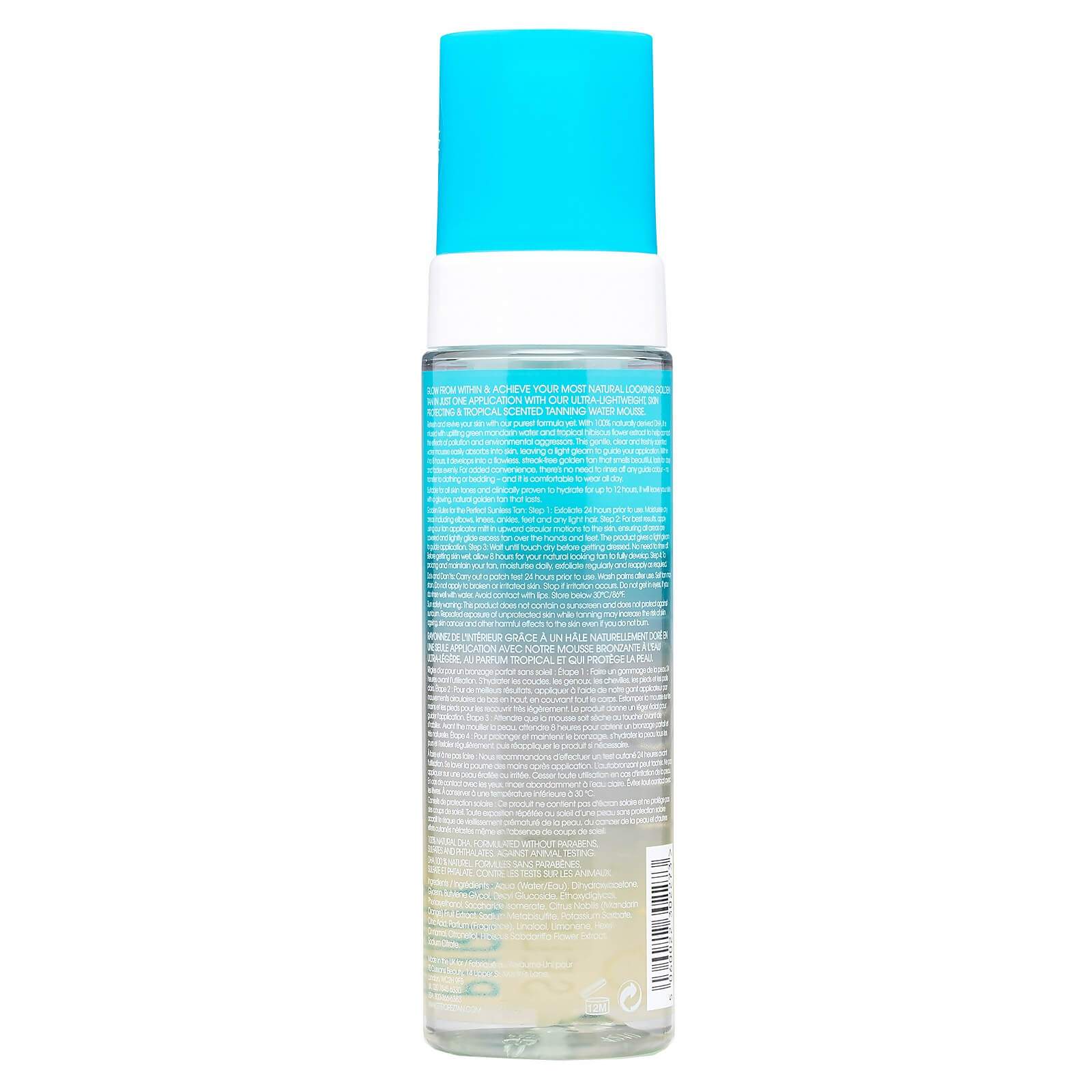 Back view of St Tropez self tanning mousse bottle with blue cap and detailed product information label