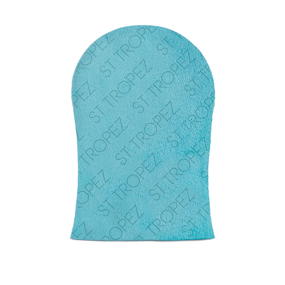 St. Tropez tanning mitt in blue with embossed brand name for even self-tanning application