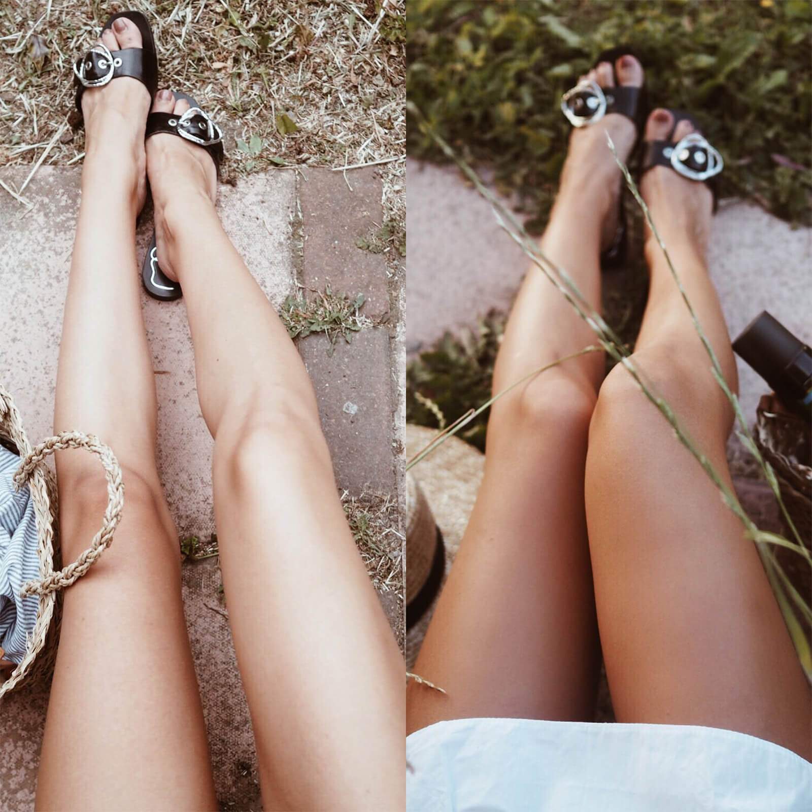 St Tropez before and after legs showing effect of extra dark bronzing mousse with smooth tan finish