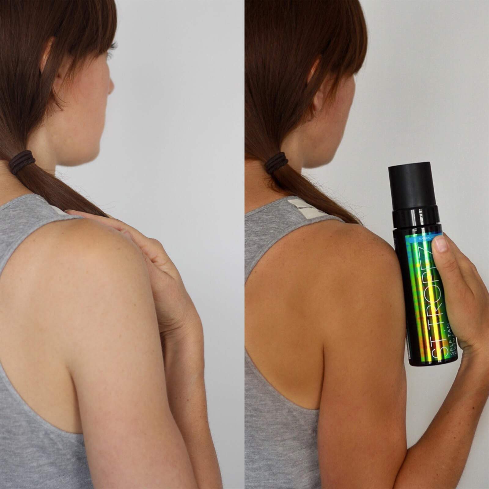 Before and after tan results using St Tropez extra dark bronzing mousse on a woman’s shoulder and back