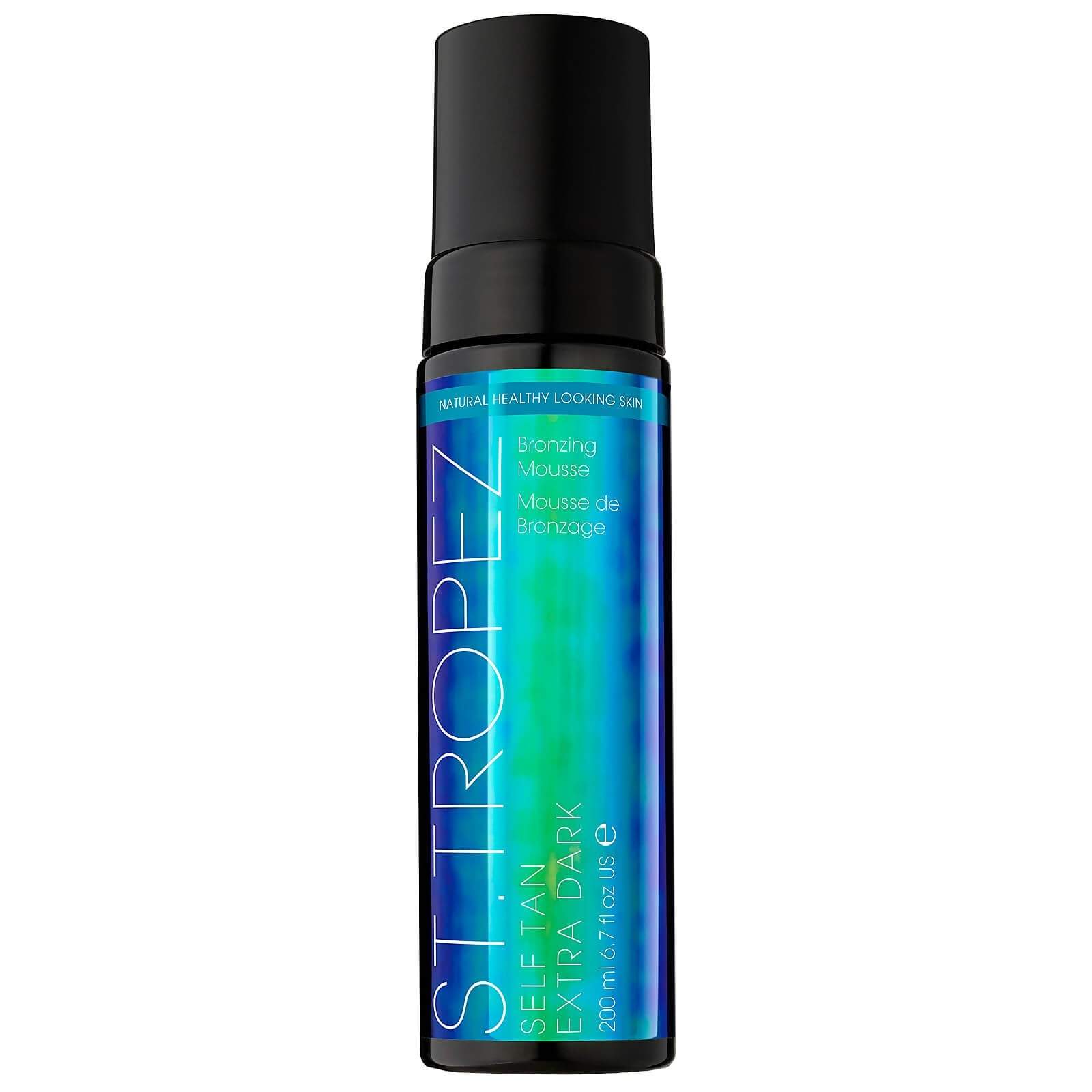 St Tropez extra dark bronzing mousse self-tan bottle with black pump and blue label