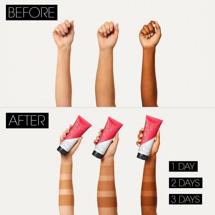 Before and after images showing gradual deepening tan on arms using St Tropez watermelon self tanning lotion over 1, 2, and 3 days