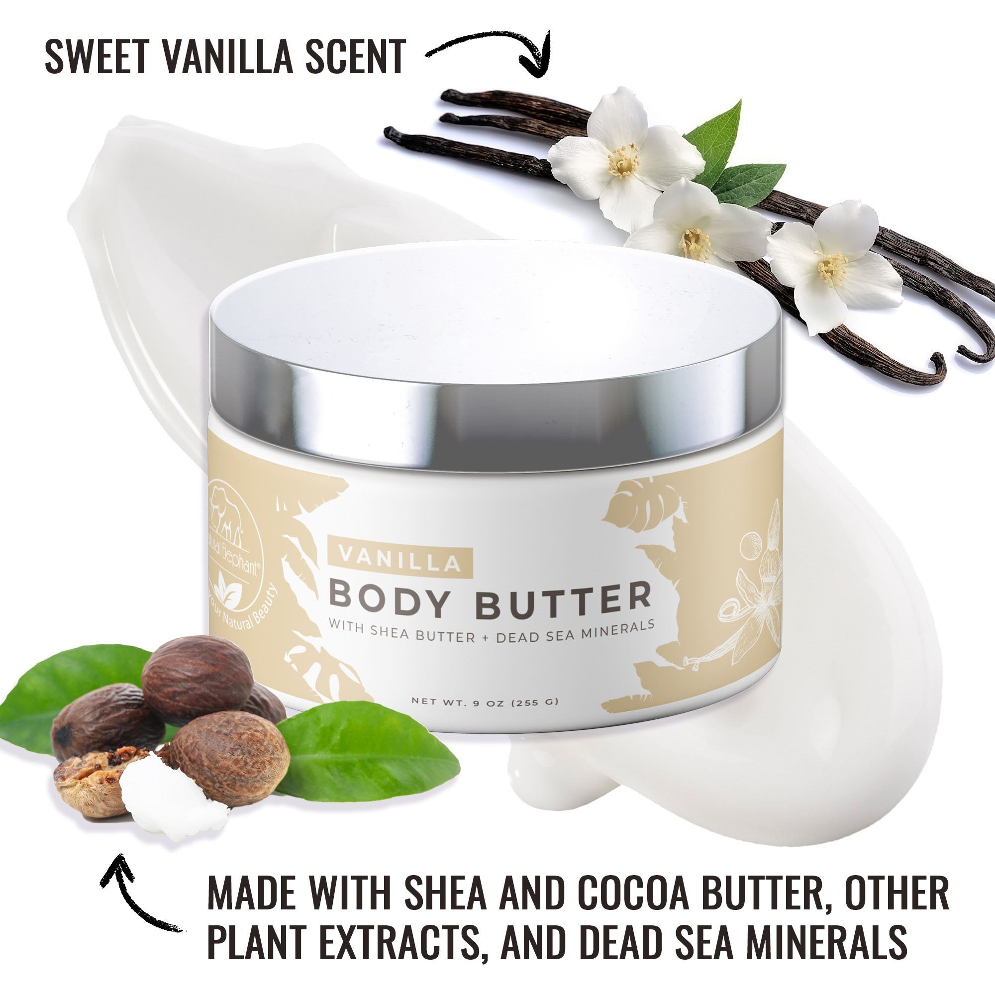 Natural Elephant Dead Sea Shea Body Butter with sweet vanilla scent and nourishing ingredients