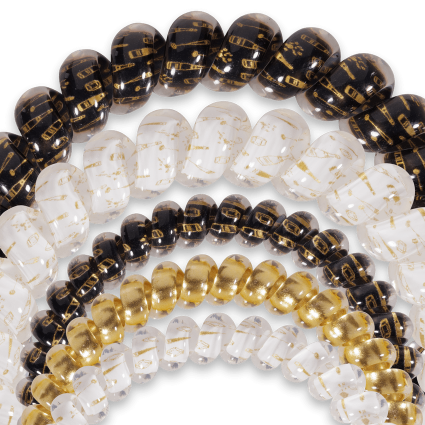 Teleties hair ties multipack featuring clear, black, and gold styles for all hair types