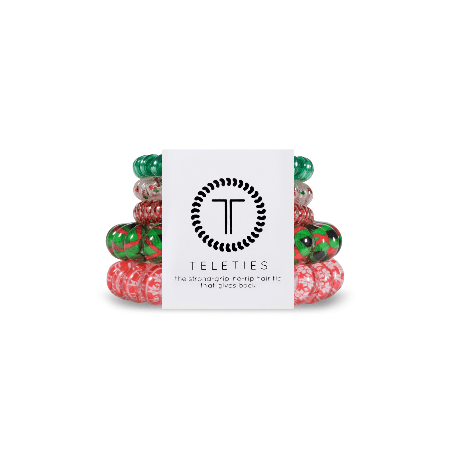 Teleties hair ties multipack featuring festive red and green designs for strong grip without rip damage