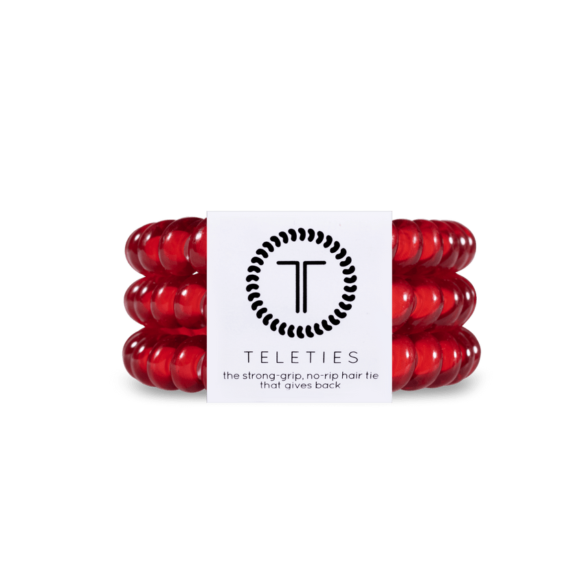 Teleties strong grip no-rip small hair ties in vibrant red color for secure hairstyles