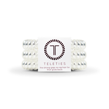 Teleties strong grip hair ties in clear, no-rip design for secure hold without damage