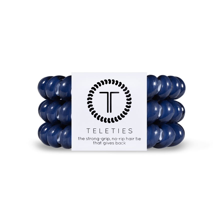 Teleties strong grip hair ties in navy blue with a no-rip design for secure styling