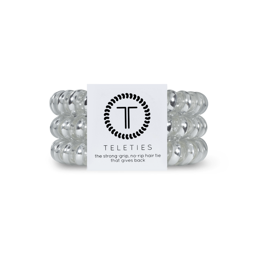 Teleties strong grip hair ties in clear color with a stylish design for all hair types