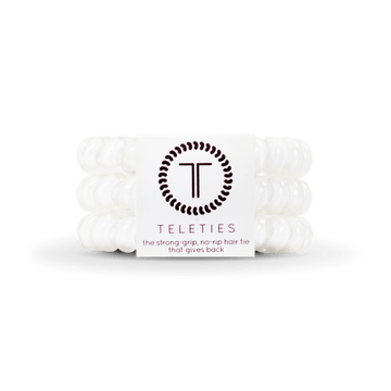 Teleties strong grip hair ties in white, designed to prevent hair damage and provide a secure hold