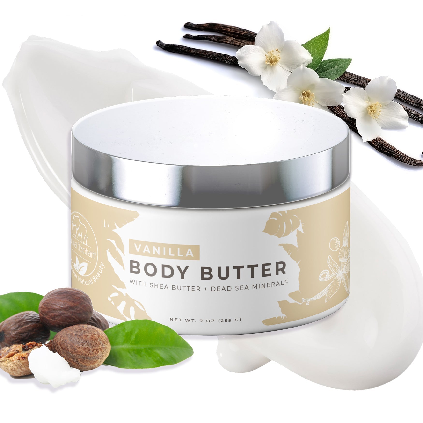 Vanilla Dead Sea Shea Body Butter in a jar with shea nuts and creamy texture for moisturizing skin