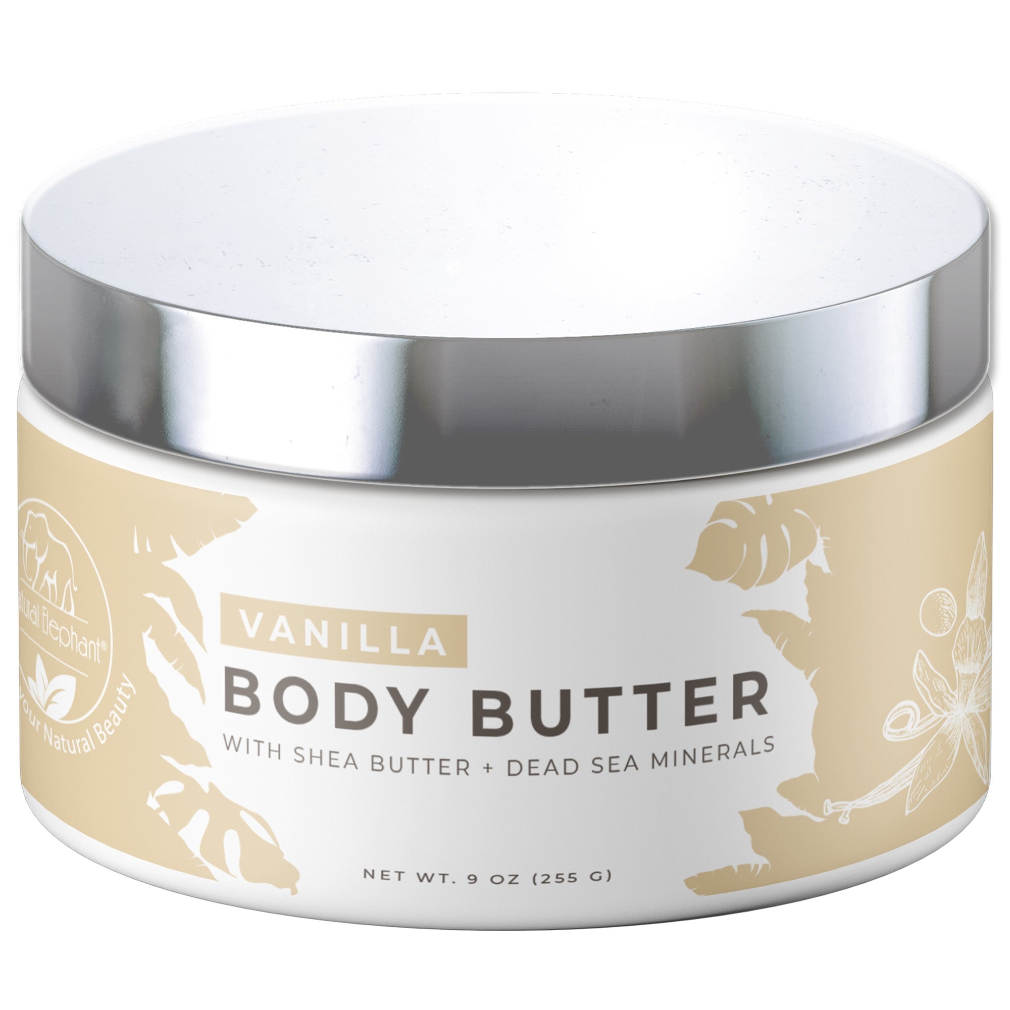 Vanilla body butter with shea butter and Dead Sea Shea Body Butter minerals in a 9 oz jar